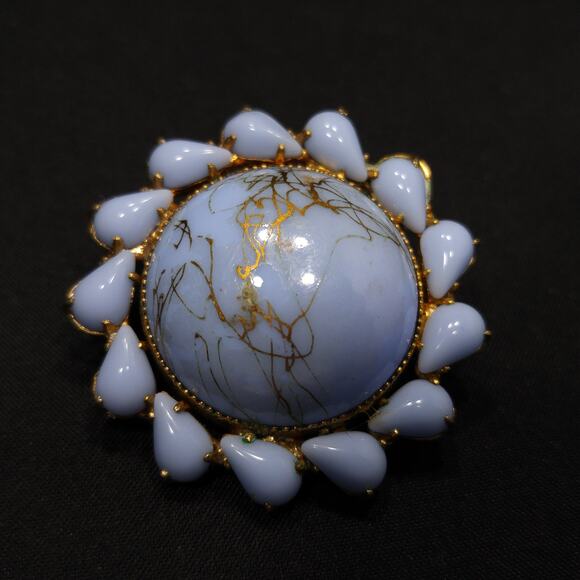 Weiss Light Blue & Gold Marbled Art Glass Earrings, Gold Plated, 1950s Vintage - Picture 3 of 10